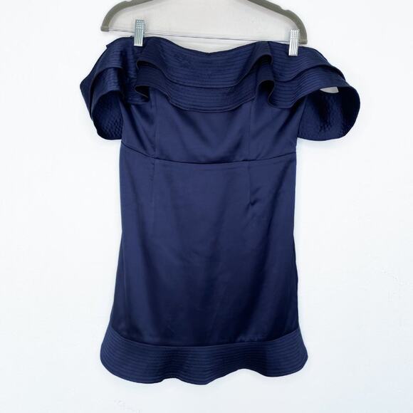 Bardot Athena Frill Off the Shoulder Navy Blue Satin Ruffle Mini Dress 10 Large - Picture 13 of 16